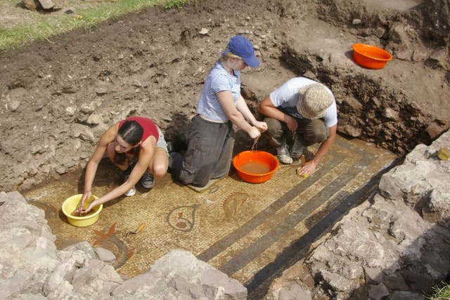 <p>Archaeologists cleaning a rare 2,000-year-old mosaic depicting dolphins </p>