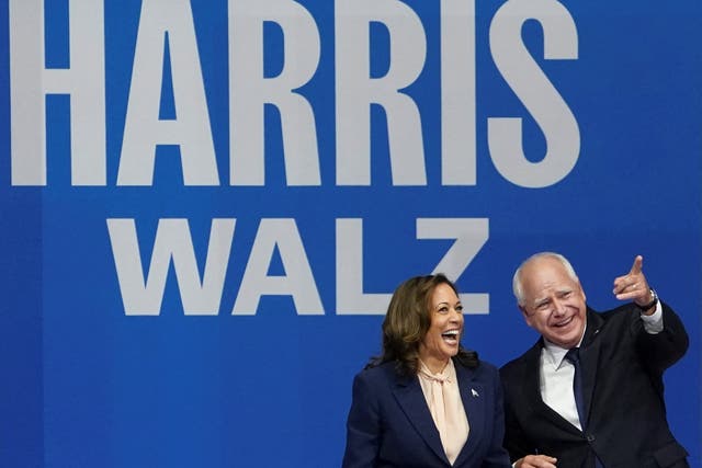 <p>Kamala Harris and her newly-chosen vice presidential running mate Tim Walz take the stage in Philadelphia on August 6. The are launching their ticket with a week-long swing-state tour</p>