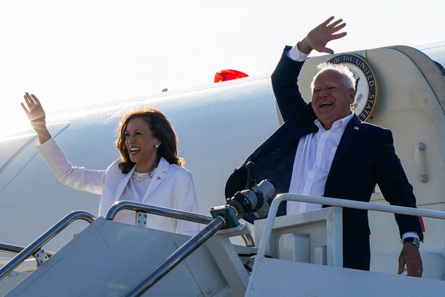 <p>Kamala Harris and Tim Walz arrive at Detroit Metropolitan Wayne County Airport in Romulus, Michigan, on August 7 2024 </p>