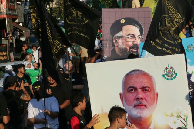 <p>People take part in a march called by Palestinian and Lebanese youth organisations in the southern Lebanese city of Saida, on 5 August 2024 to protest against the assassination of Hamas chief Ismail Haniyeh</p>