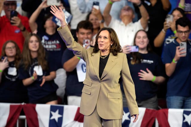 <p>Democratic presidential nominee Vice President Kamala Harris arrives at a campaign rally at Desert Diamond Arena, Friday, Aug. 9, 2024, in Glendale, Arizona</p>