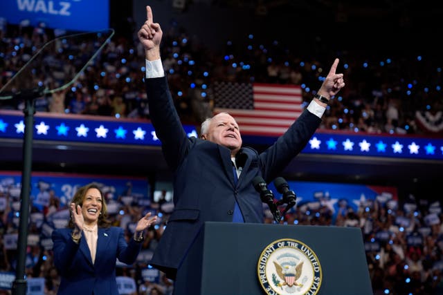 <p>Democratic vice presidential nominee Minnesota Gov. Tim Walz and Democratic presidential nominee Vice President Kamala Harris speak at a campaign rally in Philadelphia, Tuesday, Aug. 6, 2024. </p>