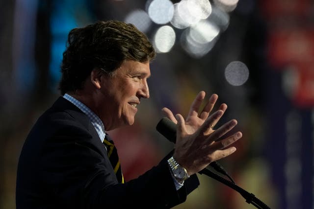 <p>Tucker Carlson, pictured speaking last month at the Republican National Convention, teased an upcoming documentary on Donald Trump’s ‘comeback’ nearly one year after he was ousted from Fox News </p>