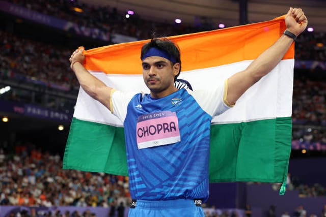 <p>Neeraj Chopra celebrates after winning silver in the men's javelin – India’s only non-bronze medal at the 2024 Paris Olympics </p>