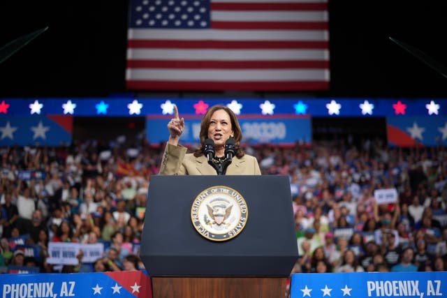 <p>Democratic presidential candidate, Vice President Kamala Harris spoke at a campaign rally at Desert Diamond Arena on August 9 in Glendale, Arizona</p>