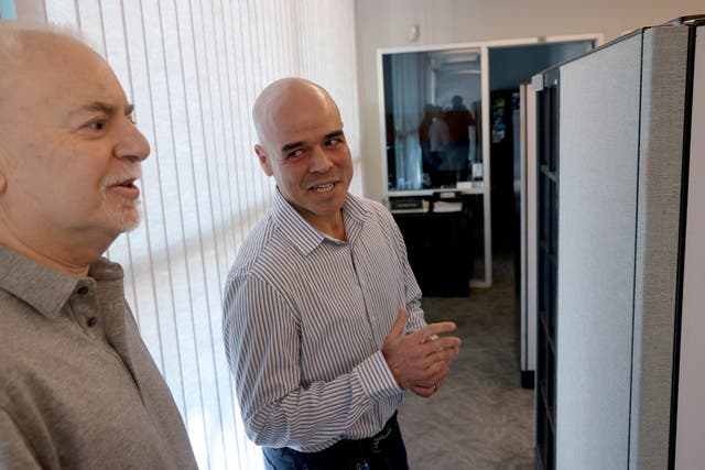 <p>Former Clark County Public Administrator Robert Telles, right, talks to Las Vegas Review-Journal reporter Jeff German in his Las Vegas office in May 2022, months before German was killed </p>