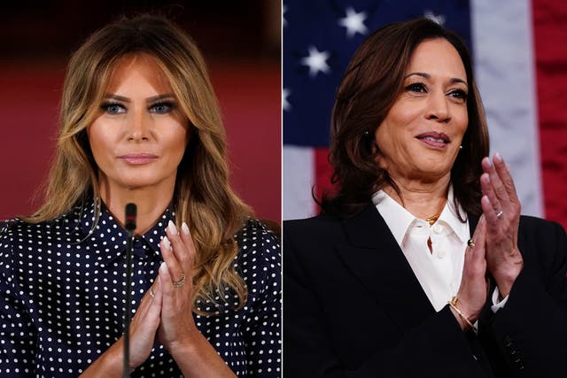 <p>Trump drew comparisons between ‘beautiful’ Kamala Harris (right) and his wife Melania (left) </p>