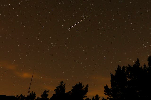 <p>A streak appears in the sky during the annual Perseids meteor shower at the Guadarrama mountains, near Madrid, on 12 August 2016 </p>