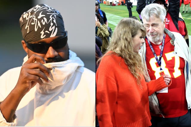 <p>Kanye ‘Ye’ West and Taylor Swift with Ed Kelce at a Kansas City Chiefs game</p>