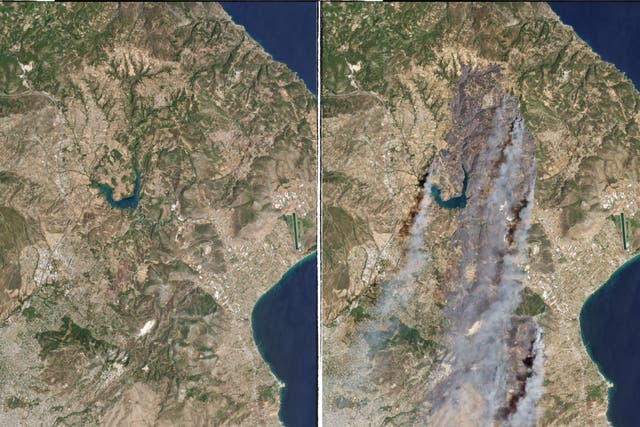 <p>Satellite image shows East Attica covered in thick smoke as wildfires continue to burn in Greece</p>