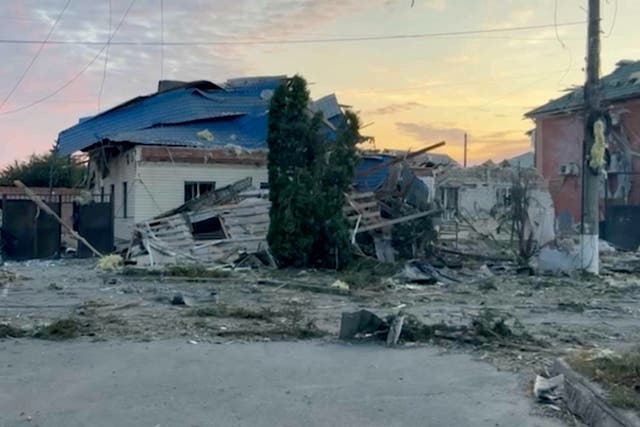 <p>Destroyed buildings in the town of Sudzha following an incursion of Ukrainian troops into the Kursk region</p>