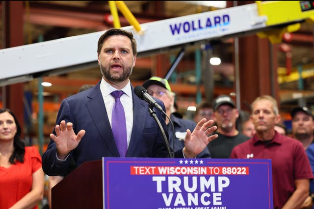 <p>Republican vice presidential candidate JD Vance speaks in Eau Claire, Wisconsin, on August 7 2024. He has fired back at Tim Walz after he coined the term ‘weird’ for the Republican ticket </p>