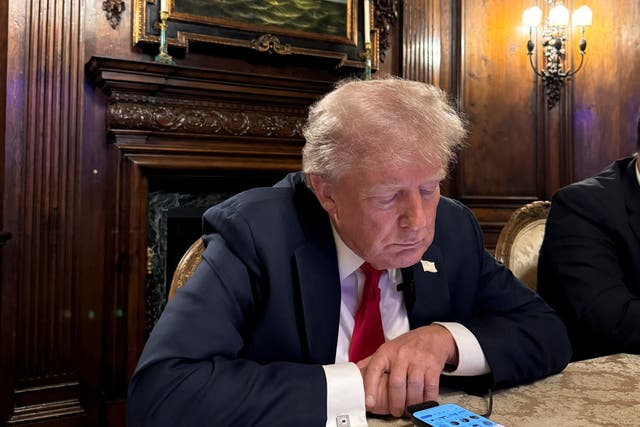 <p>Republican presidential nominee Donald Trump participates in an interview with billionaire entrepreneur Elon Musk on the social media platform X from his Mar-a-Lago home in Palm Beach, Florida, on August 12 2024 </p>