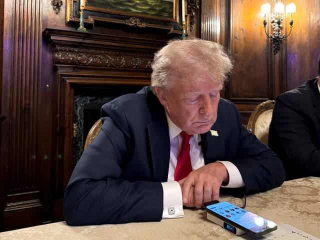 <p>Republican presidential nominee Donald Trump participates in an interview with billionaire entrepreneur Elon Musk on the social media platform X from his Mar-a-Lago home in Palm Beach, Florida, on August 12 2024 </p>