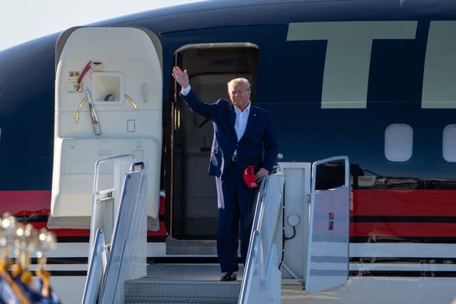 <p>Republican nominee Donald Trump appears oustide Trump Force One in 2023. After his famed plane had mechanical difficulties over the weekend, Trump used a plane once owned by Jeffrey Epstein to travel to campaign events.  </p>