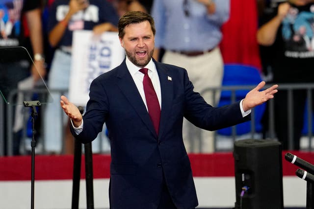 <p>JD Vance at a campaign rally in Atlanta on August 3. His most recent financial disclosures reveal eclectic investments, including a right-wing streaming service, a controversial biotech firm and popular Catholic prayer app </p>