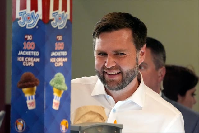 <p>Republican vice presidential nominee, JD Vance, orders at Olson's Ice Cream on August 7 in Eau Claire, Wisconsin. </p>