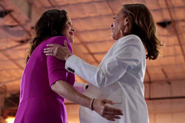 <p>Democratic presidential candidate Kamala Harris (right) greets Michigan Governor Gretchen Whitmer (left), who she is considering for a number of cabinet positions, according to a new report. Harris hopes to pick a younger and more diverse group for her cabinet, sources close to said</p>