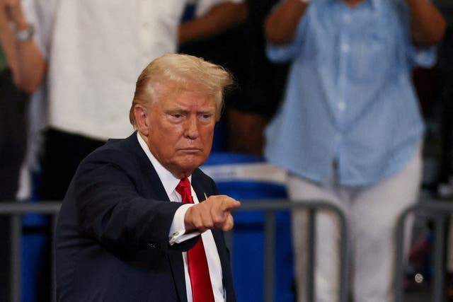 <p>Republican presidential nominee and former U.S. President Donald Trump gestures during a campaign rally. He has started to call his rival “Kambala” but nobody seems to know why.  </p>