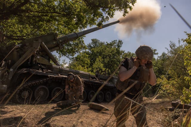 <p>Ukrainian servicemen of the 43rd Artillery Brigade fire self-propelled artillery 2S7 Pion toward Russian positions, in an undisclosed area, in the Pokrovsk district, in the eastern Donetsk region</p>