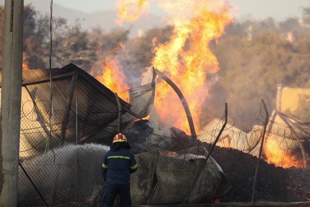 <p>A firefighter tries to extinguish a wildfire engulfing a firewood business in Penteli</p>