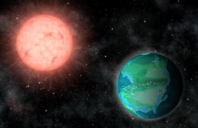 <p>Artist impression of a young Earth around a red Sun.</p>